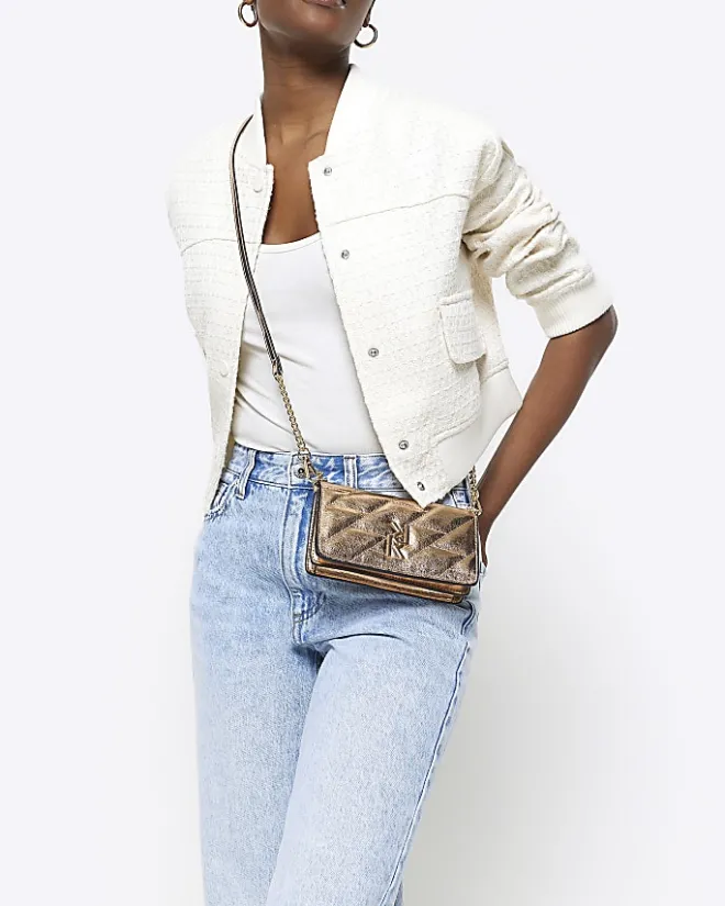 River Island Rose gold quilted cross body purse Yellow Sale