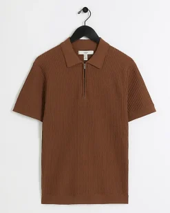 River Island Rust muscle fit knitted half zip polo Brown Outlet