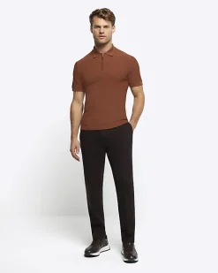 River Island Rust muscle fit knitted half zip polo Brown Outlet