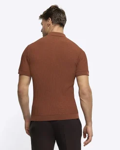 River Island Rust muscle fit knitted half zip polo Brown Outlet