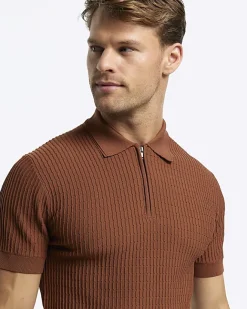 River Island Rust muscle fit knitted half zip polo Brown Outlet