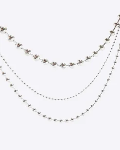River Island Silver Ball Chain Multirow Necklace Grey Fashion