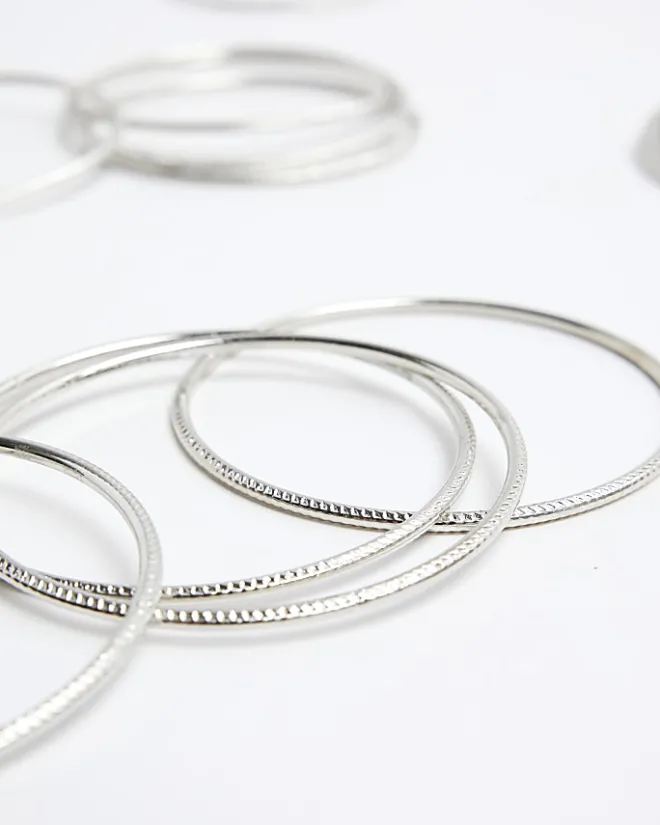 River Island Silver Bangle Stacking Bracelet Pack Grey Clearance