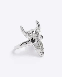 River Island Silver Bull Head Ring Grey New