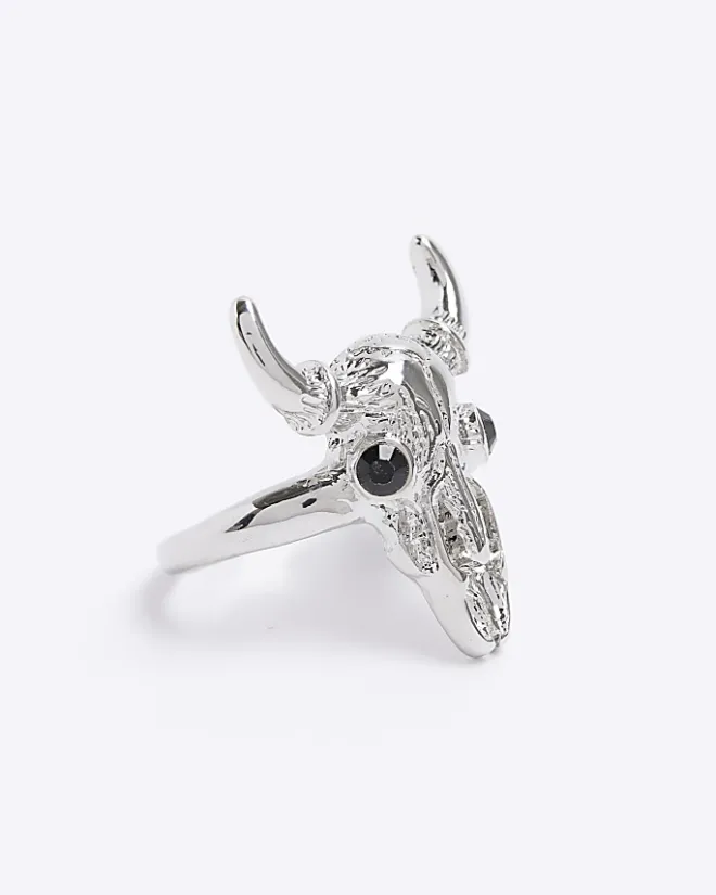 River Island Silver Bull Head Ring Grey New