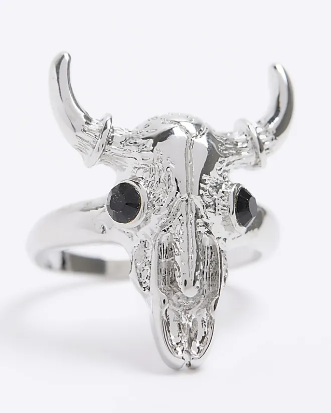 River Island Silver Bull Head Ring Grey New