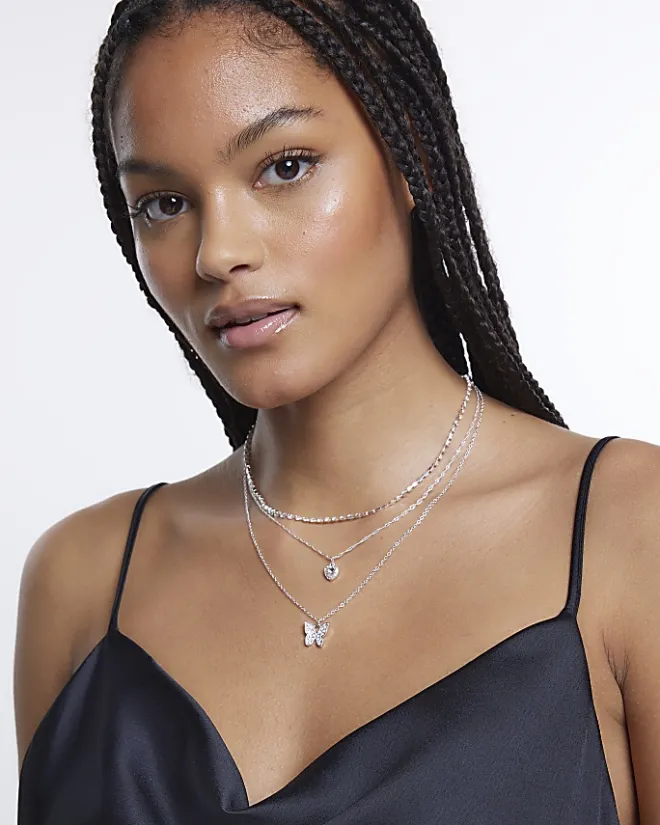 River Island Silver butterfly heart layered necklace Grey Best