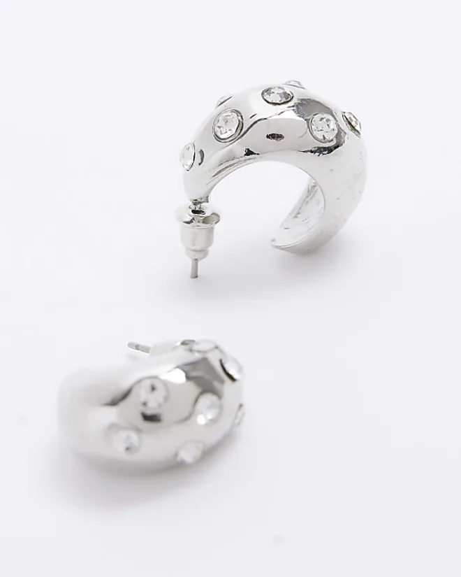 River Island Silver chunky diamante mini hoop earrings Grey Hot