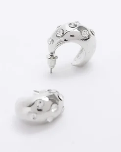 River Island Silver chunky diamante mini hoop earrings Grey Hot