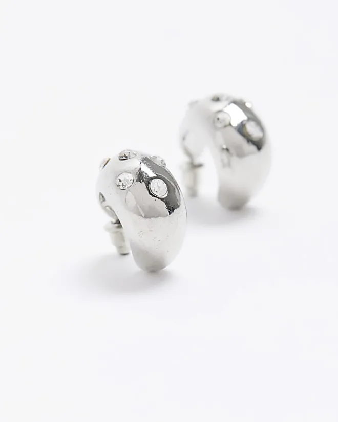River Island Silver chunky diamante mini hoop earrings Grey Hot