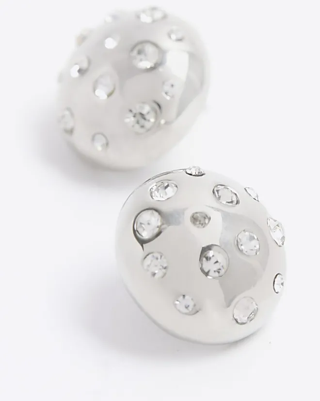 River Island Silver chunky diamante stud earrings Grey Clearance