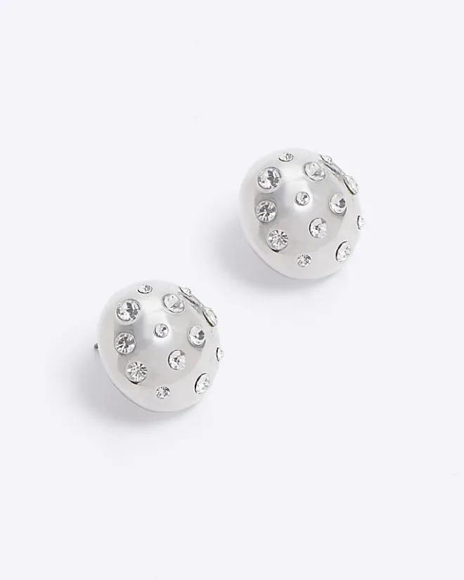 River Island Silver chunky diamante stud earrings Grey Clearance