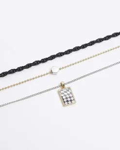 River Island Silver colour checkerboard multirow necklace Grey Outlet