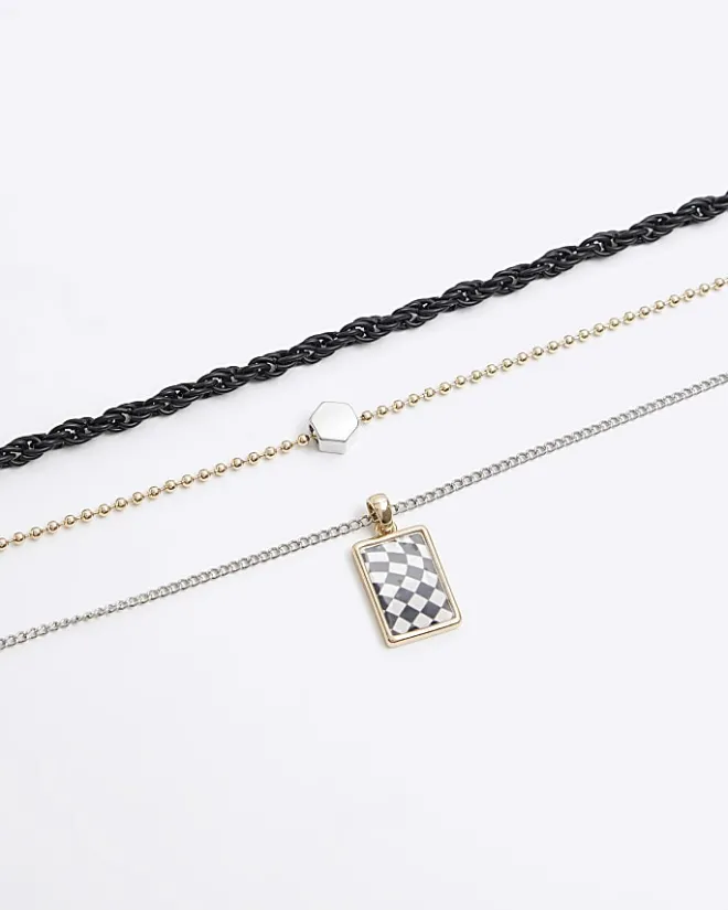 River Island Silver colour checkerboard multirow necklace Grey Outlet