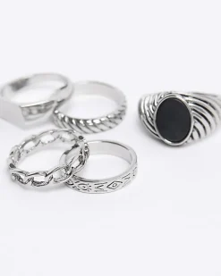 River Island Silver colour stone textured ring multipack Grey Online