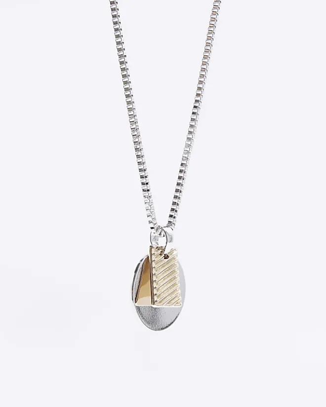 River Island Silver colour tag and disc necklace White New