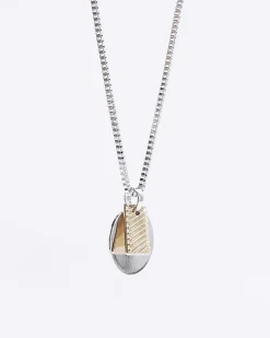 River Island Silver colour tag and disc necklace White New