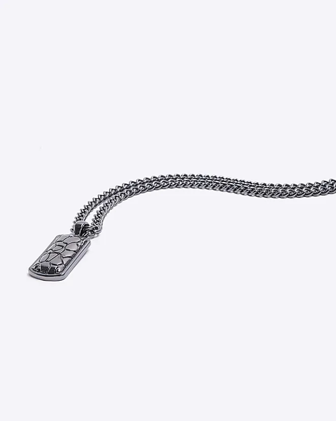 River Island Silver CRACKLE DOG TAG NECKLACE Grey Best