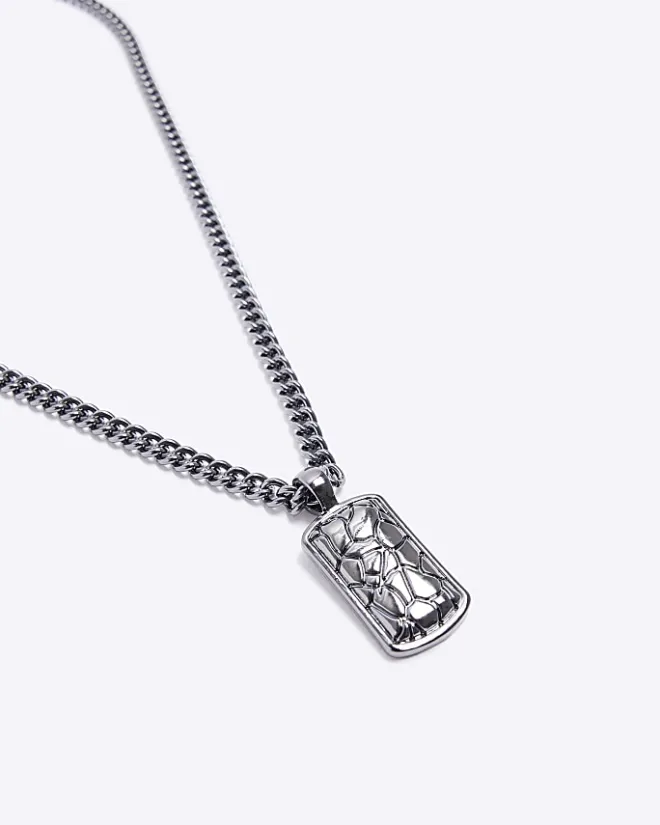 River Island Silver CRACKLE DOG TAG NECKLACE Grey Best