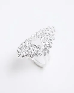 River Island Silver Crystal Large Ring Grey Hot