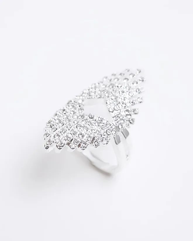 River Island Silver Crystal Large Ring Grey Hot