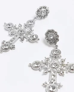 River Island Silver diamante cross drop earrings Yellow Fashion