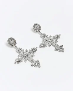 River Island Silver diamante cross drop earrings Yellow Fashion