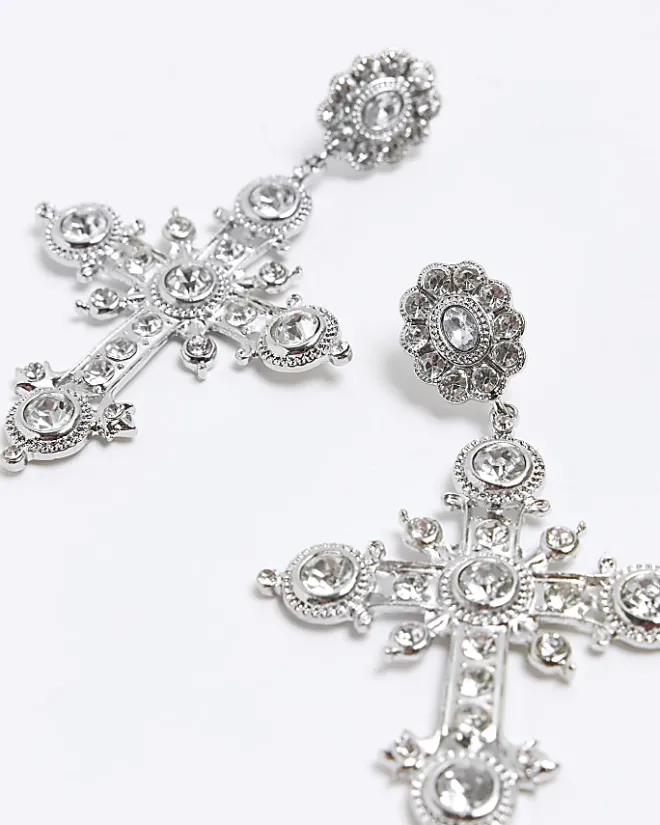 River Island Silver diamante cross drop earrings Yellow Fashion