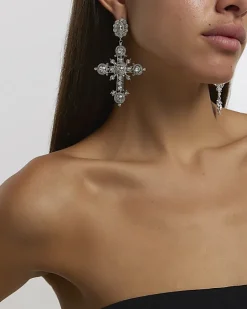 River Island Silver diamante cross drop earrings Yellow Fashion