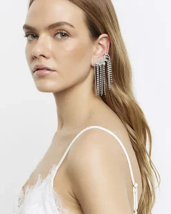 River Island Silver Diamante Drape Ear Climber Grey Best