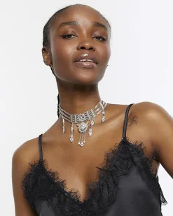 River Island Silver Diamante Drop Choker Necklace Grey Sale