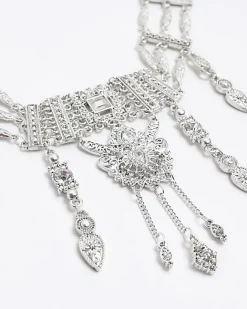 River Island Silver Diamante Drop Choker Necklace Grey Sale