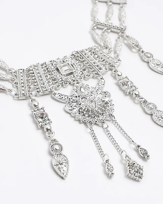 River Island Silver Diamante Drop Choker Necklace Grey Sale