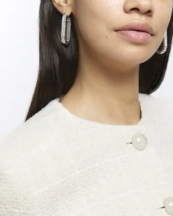 River Island Silver Diamante Hoop Earrings Grey Hot