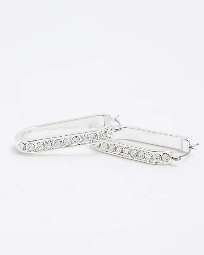 River Island Silver Diamante Hoop Earrings Grey Hot