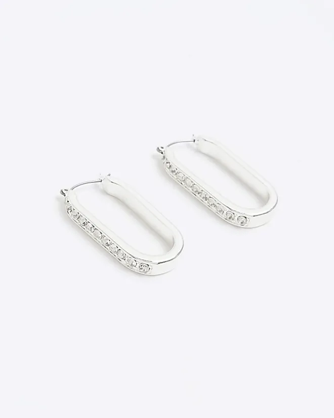 River Island Silver Diamante Hoop Earrings Grey Hot