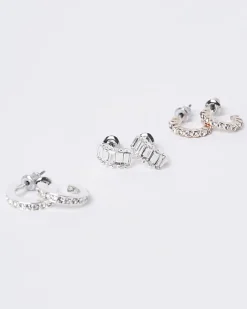 River Island Silver diamante stud and hoop earrings White Clearance