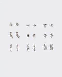 River Island Silver diamante stud and hoop earrings White Clearance