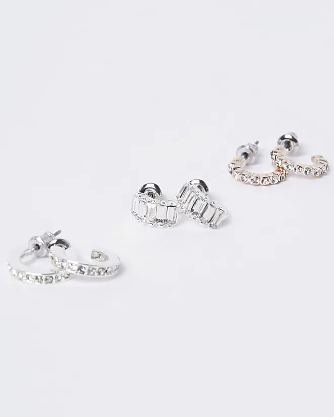 River Island Silver diamante stud and hoop earrings White Clearance