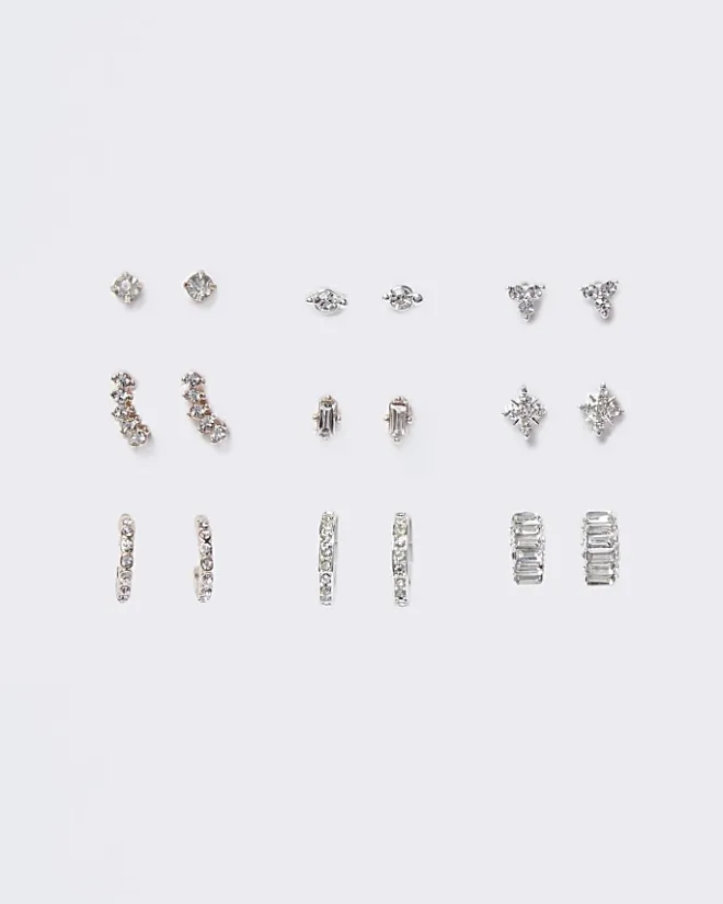 River Island Silver diamante stud and hoop earrings White Clearance