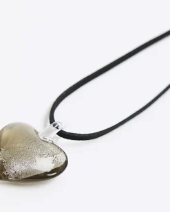 River Island Silver Heart Necklace Black Clearance