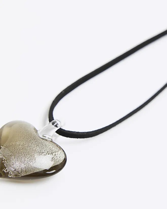 River Island Silver Heart Necklace Black Clearance