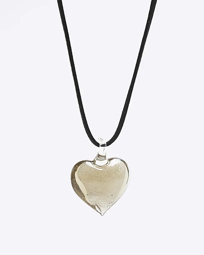 River Island Silver Heart Necklace Black Clearance