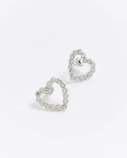 River Island Silver heart stud earrings Grey Clearance