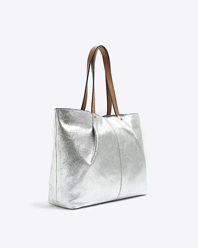 River Island Silver leather metallic shopper bag Grey Clearance