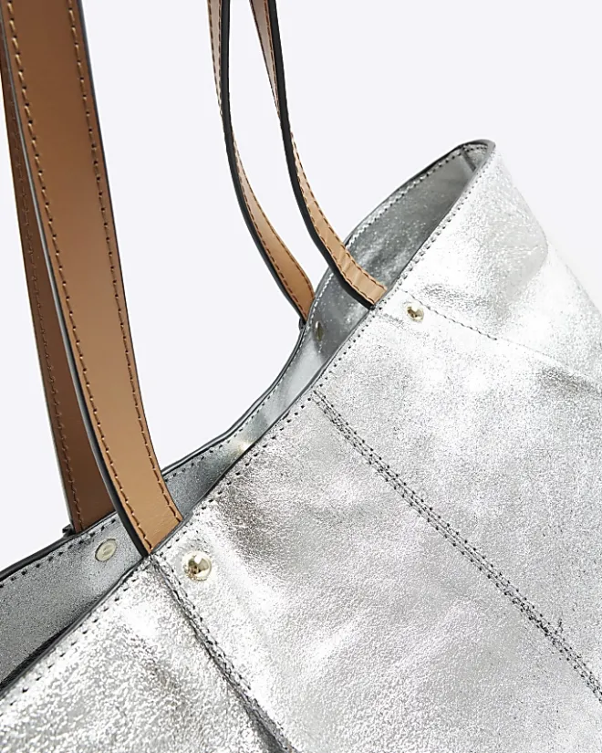 River Island Silver leather metallic shopper bag Grey Clearance