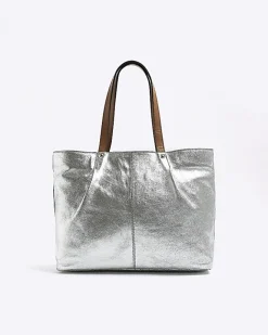 River Island Silver leather metallic shopper bag Grey Clearance