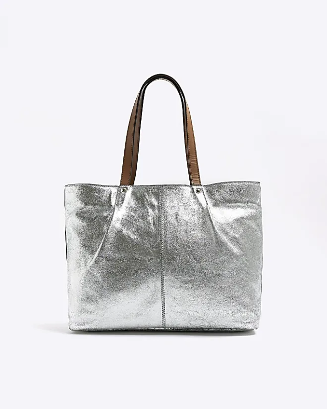 River Island Silver leather metallic shopper bag Grey Clearance