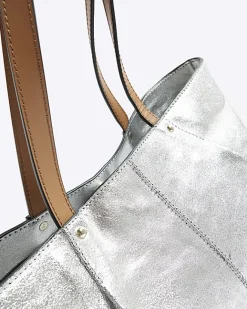 River Island Silver leather metallic shopper bag Grey Clearance