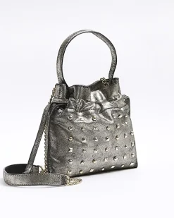 River Island Silver leather studded cross body bag Grey Outlet